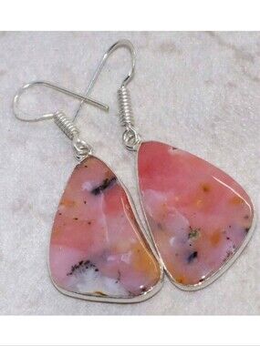 Peruvian Pink Opal Gemstone 925 Sterling Silver Handmade Drop Dangle Earrings
